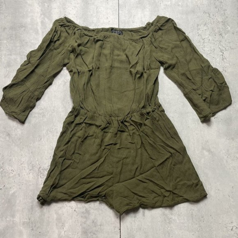 TopShop Womens Green 3/4 Sleeve Shoulder Playsuit Romper Ruffle Size‎ 4 EUC